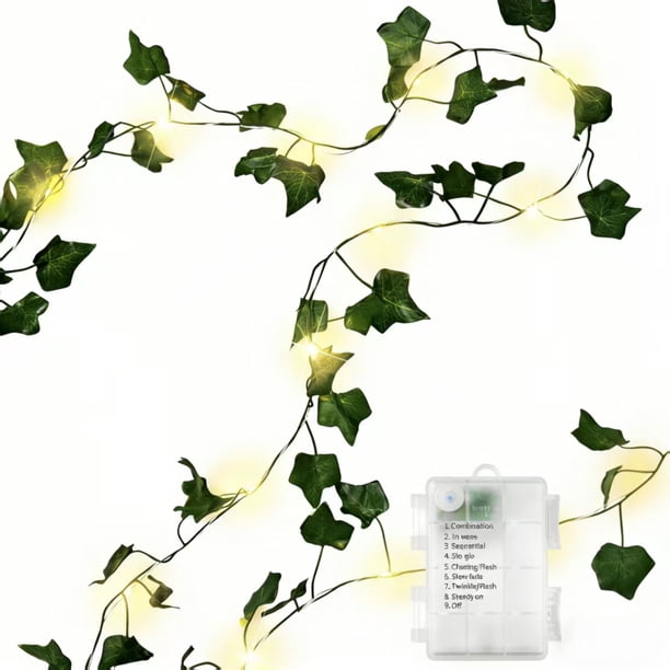 Guirnalda de luces LED de 10 m con batería, 100 luces LED de hiedra con control remoto, ideal para dormitorio, pared, jardín, fiesta y decoración de bodas (blanco cálido)