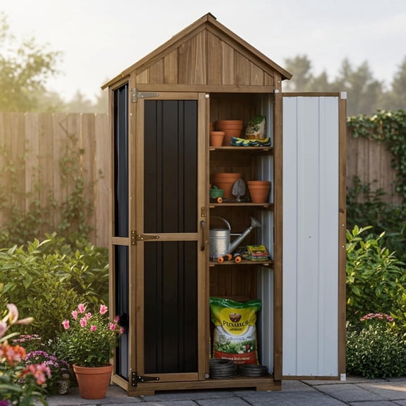 Petsblublu Outdoor Storage Cabinet with Shelf, Wood & Metal Shed for Patio Backyard, Garden Shed Tool Shed and Accessories, Brown