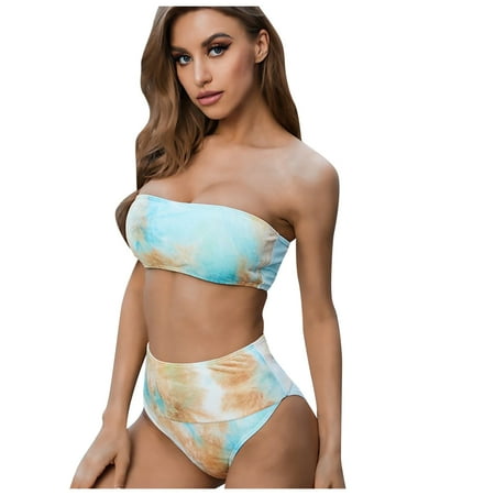Womens 2 Piece Swimsuits Solid Color Fashion Top Strappy One Shoulder Bikini Set Multicolor Womens Bathing Suits L