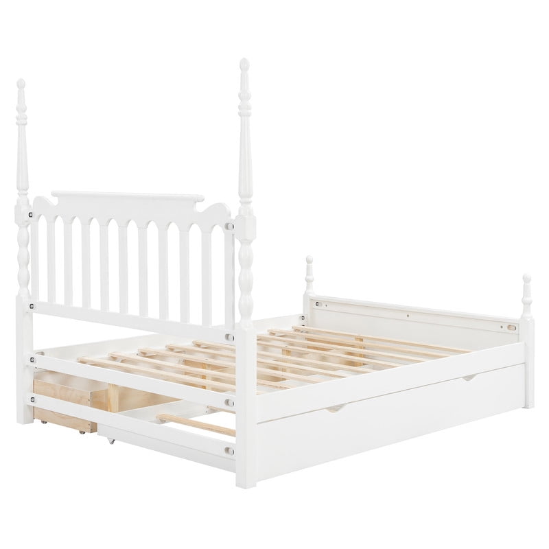 Queen Size Platform Bed with Twin XL Trundle and 2 Storage Drawers, Wooden Bed Frame with Vintage Spindle Headboard & Footboard