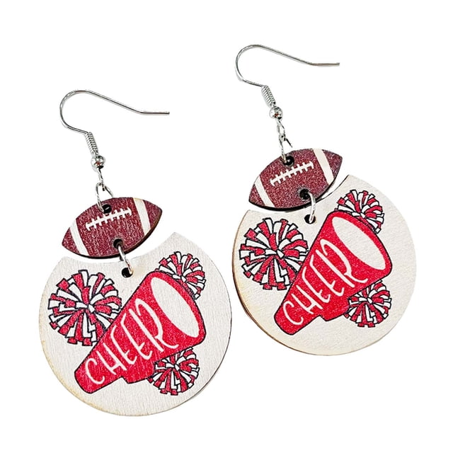 Soccer Earrings Cheerleaders Multicolor Rugby Geometric Wooden Print Cheer Earrings Rugby Cheerleader Earrings Cheer Jacket Earrings Girls Earrings for Sensitive Ears Rhinestone Earrings Earring Set