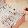 thumbnail image 3 of Joyero para niña, caja de almacenamiento de cuero PU, con cerradura, traje de almacenamiento de exhibición extraíble de 2 capas, anillo, arete, collar, pulsera, 3 of 7