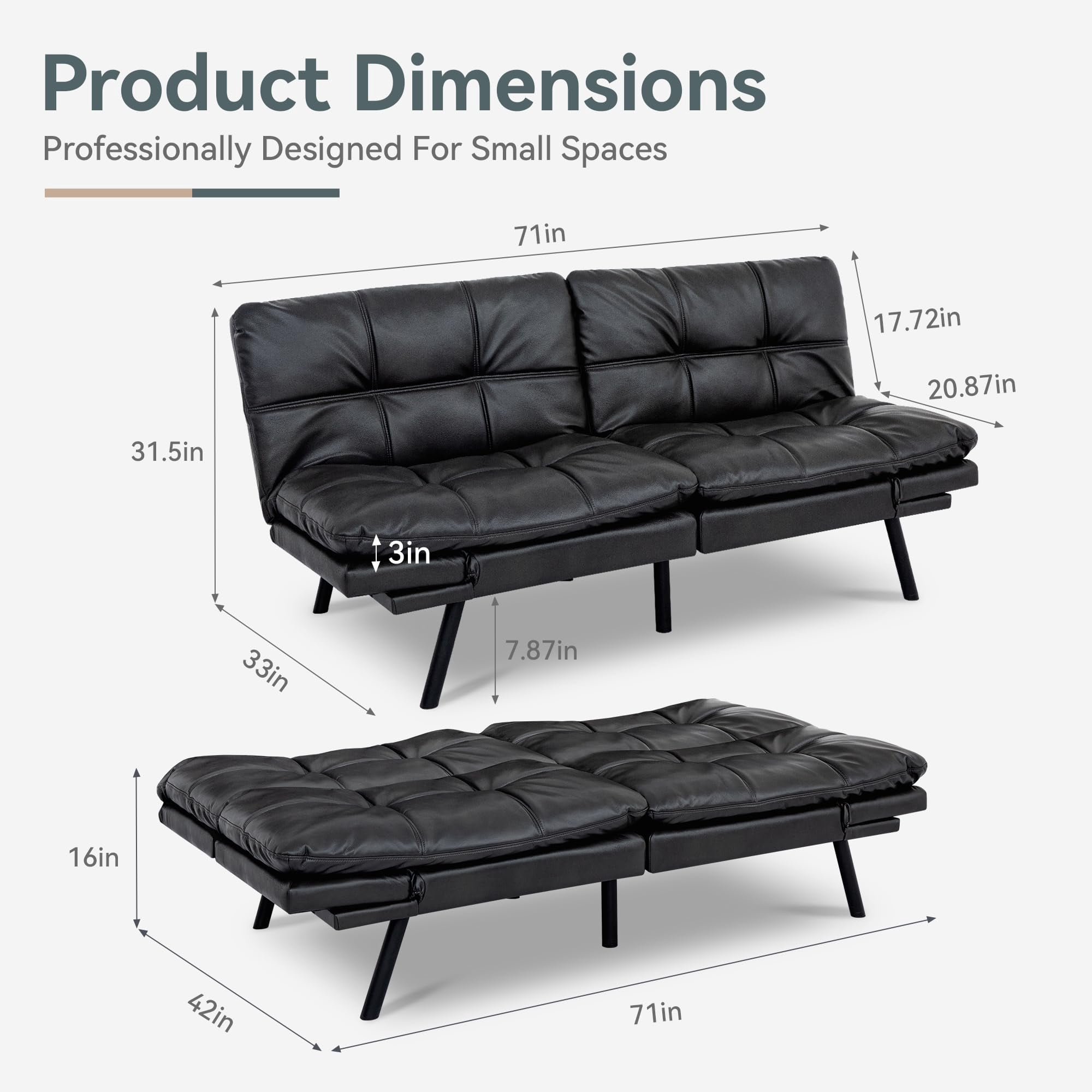 71" Sofa Bed Convertible Couch, Black Faux Leather Sofa Bed with Memory Foam, Adjustable Backrest & Armrests, Multifunctional Small Loveseat Sleeper Sofa for Living Room, Apartment, Office