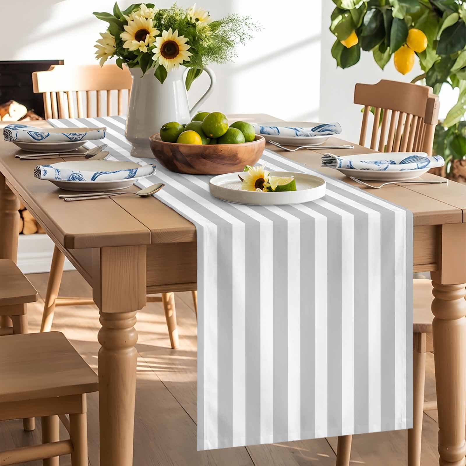 Grey Stripes White Striped Table Runner 90 Inches Long, Modern Geometric Art Table Runners Tabletop Scarf Kitchen Dining Tables Decoration for Home Party Indoor Outdoor