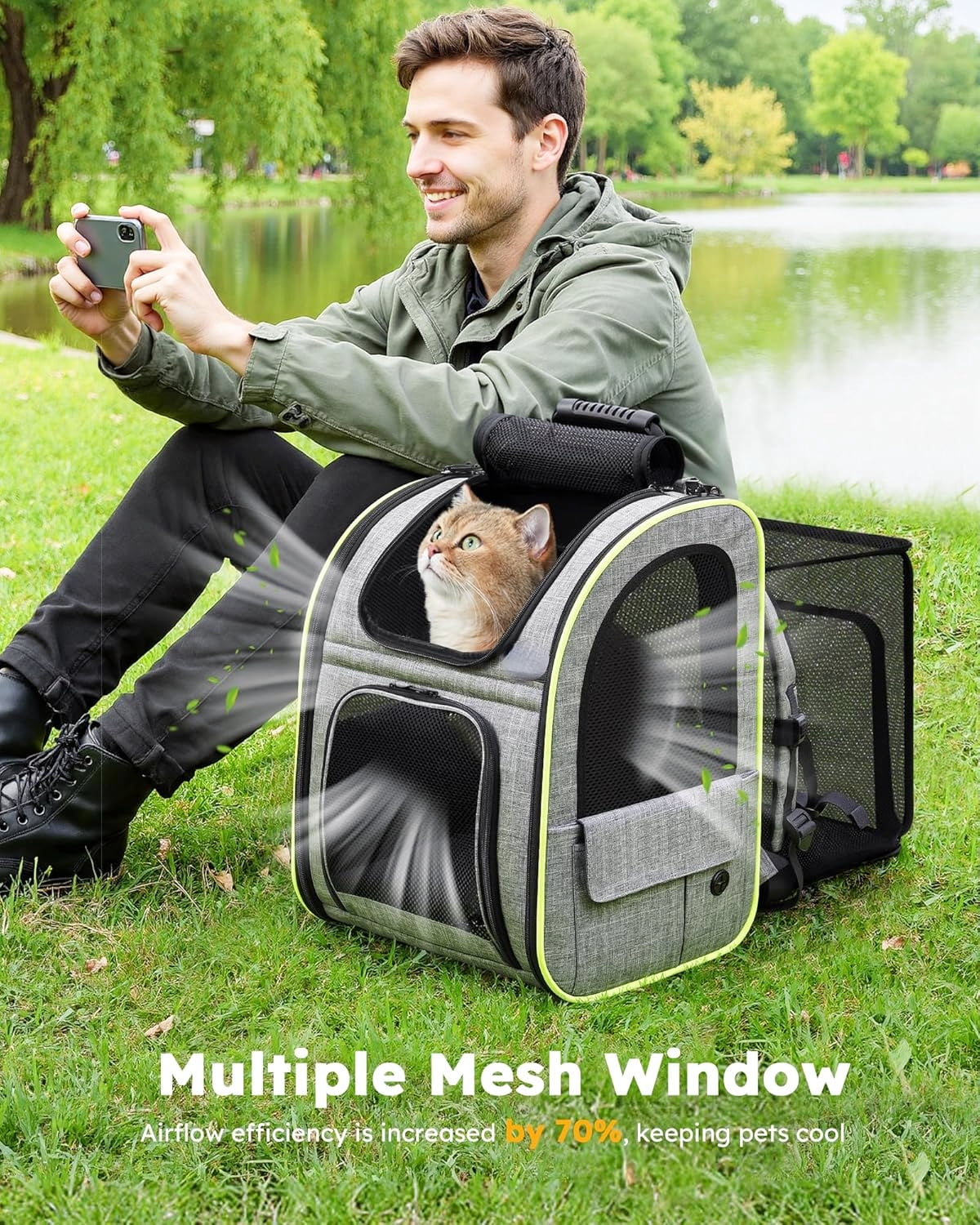 Foldable Pet Backpack in Gray for Cats and Small Dogs Up to 11lbs with Airy Mesh
