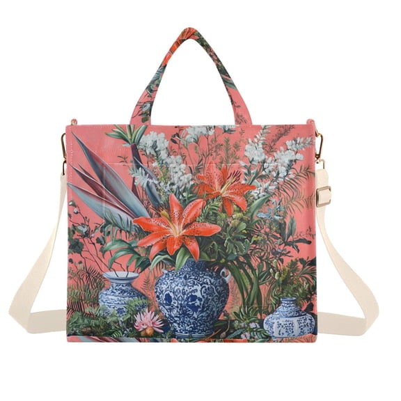 FORMRS Womens Corduroy Tote Bag Crossbody Shoulder Handbag with Pocket, Orange Vibrant Flowers