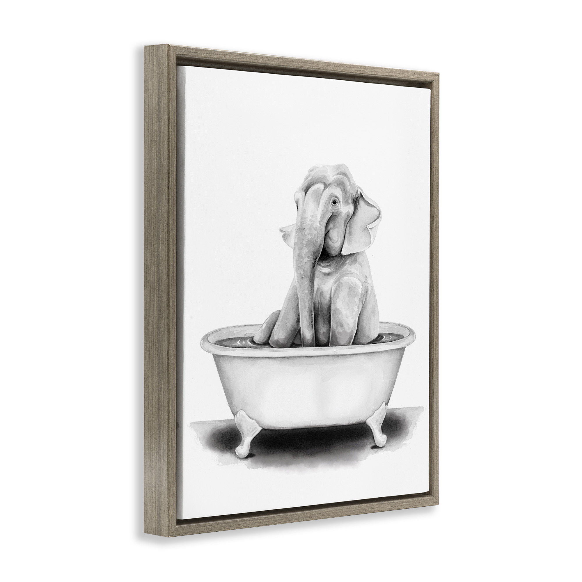Stupell Industries Elephant In Tub Funny Animal Bathroom Animals & Insects Painting Brown Floater Framed Canvas Art Print Wall Art, 17 x 21