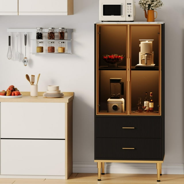 Armoire de Garde-Manger Cannelée avec Porte en Verre et 2 Tiroirs, Armoire de Rangement pour Garde-Manger de Cuisine avec Tablettes Ajustables, Buffet d'Exposition Moderne pour Cuisine