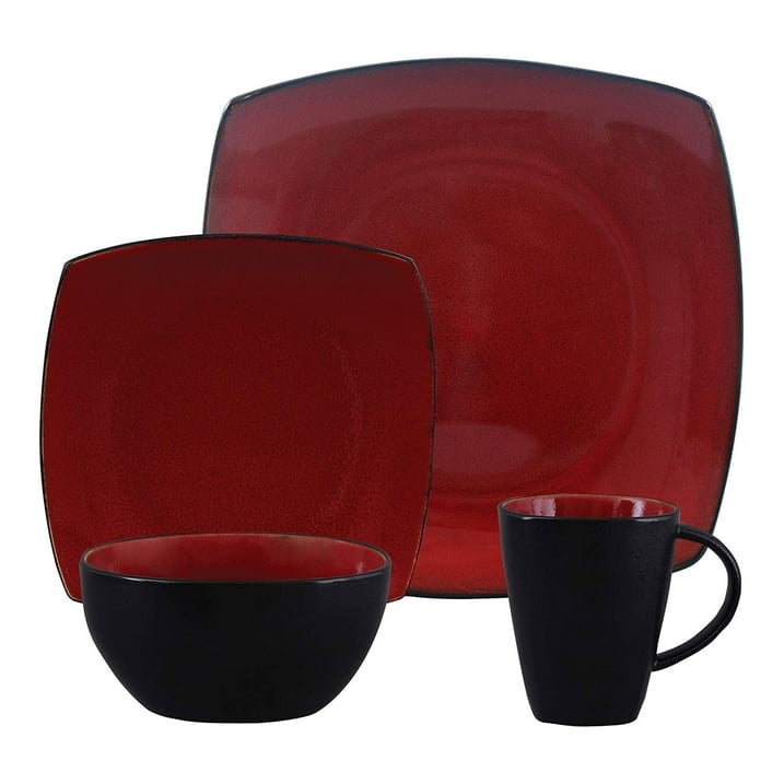 Gibson Soho Lounge 16-Piece Square Stoneware Dinnerware Set in Red – Modern Red and Black Dish Set for Stylish Dining, Microwave & Dishwasher Safe