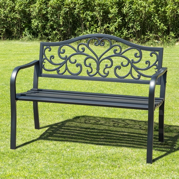 SUMMIT LIVING Outdoor Garden Bench, Cast Iron Metal Frame Patio Park Bench with Armrests, Black