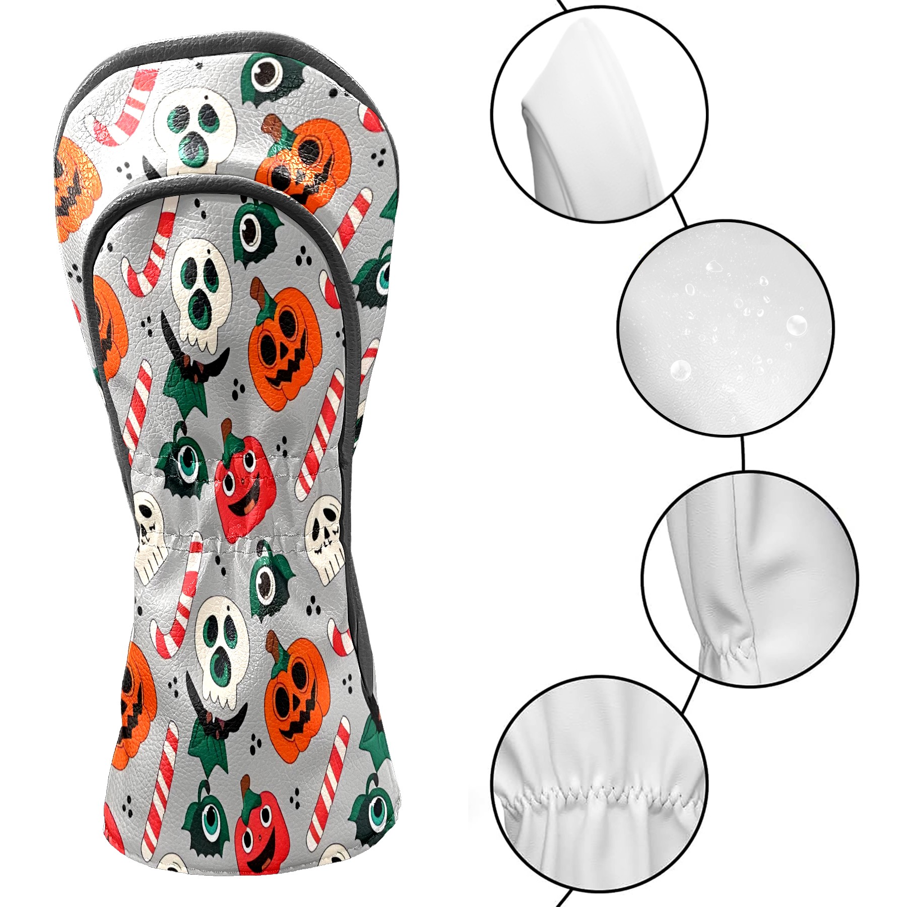 Golf Club Covers, Gray PumpkinSkull Premium PU Leather Driver Hybrid Putter Head Covers with Velvet Lining, Waterproof Golf Gifts for Men Women
