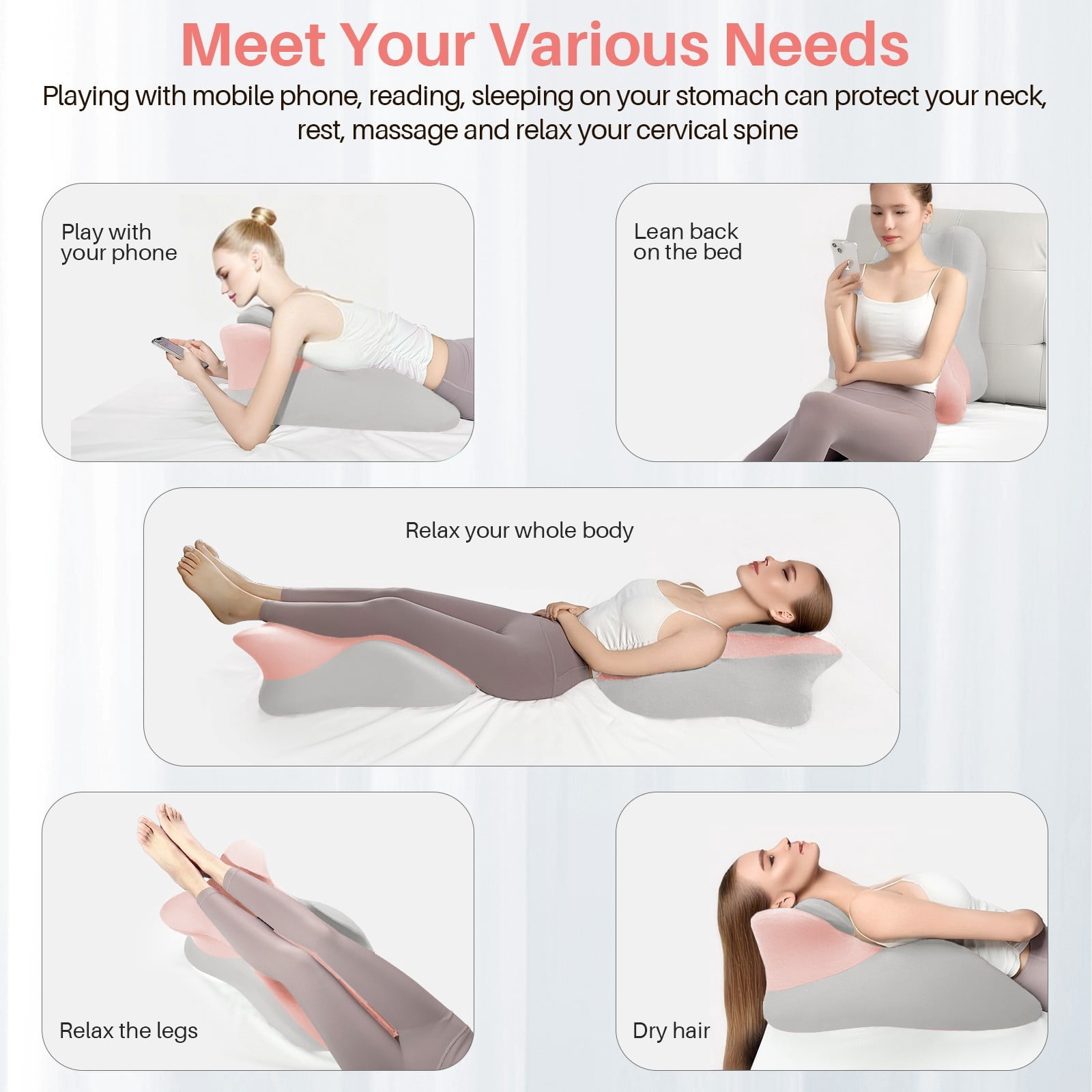 JIAN YA NA Multi-Position Wedge Pillow for Adults, Memory Foam Support Bed Pillow with Removable Cover for Sleeping Sitting Up Prone Reading (Pink/Gray)