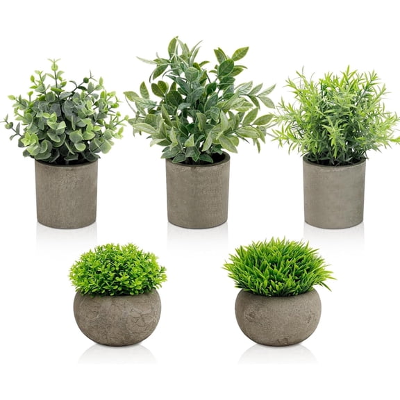 Artificial Potted Plants, Faux Greenery in Cement Pots for Shelf, Bookshelf, Office or Home Decor, Small Decorative Fake Plants for Modern Indoor Display