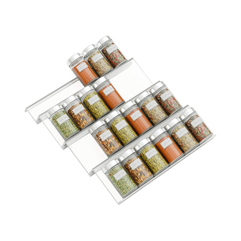 MIUKAA Clear Acrylic Spice Drawer Organizer, 4 Tier- 2 Set Expandable From  9 to 18 Seasoning Jars Drawers Insert, Kitchen Spice Rack Tray for