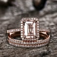 thumbnail image 2 of 9x7mm 4.75 Carat Emerald Cut Morganite Wedding Set Diamond Moissanite Bridal Ring 10k Rose Gold Thin Eternity Band Half Eternity, 2 of 7