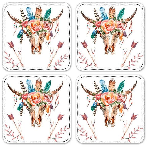 Vinyl Drink Coasters - Set of 4 - Bull Skull Flowers & Arrows