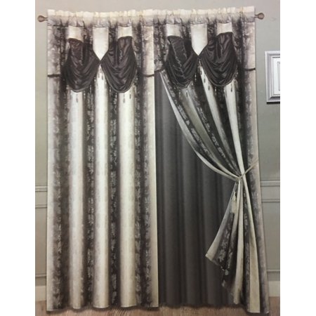 Luxury Embroidered Curtain Set 4 Piece Chocolate Brown Or Silver