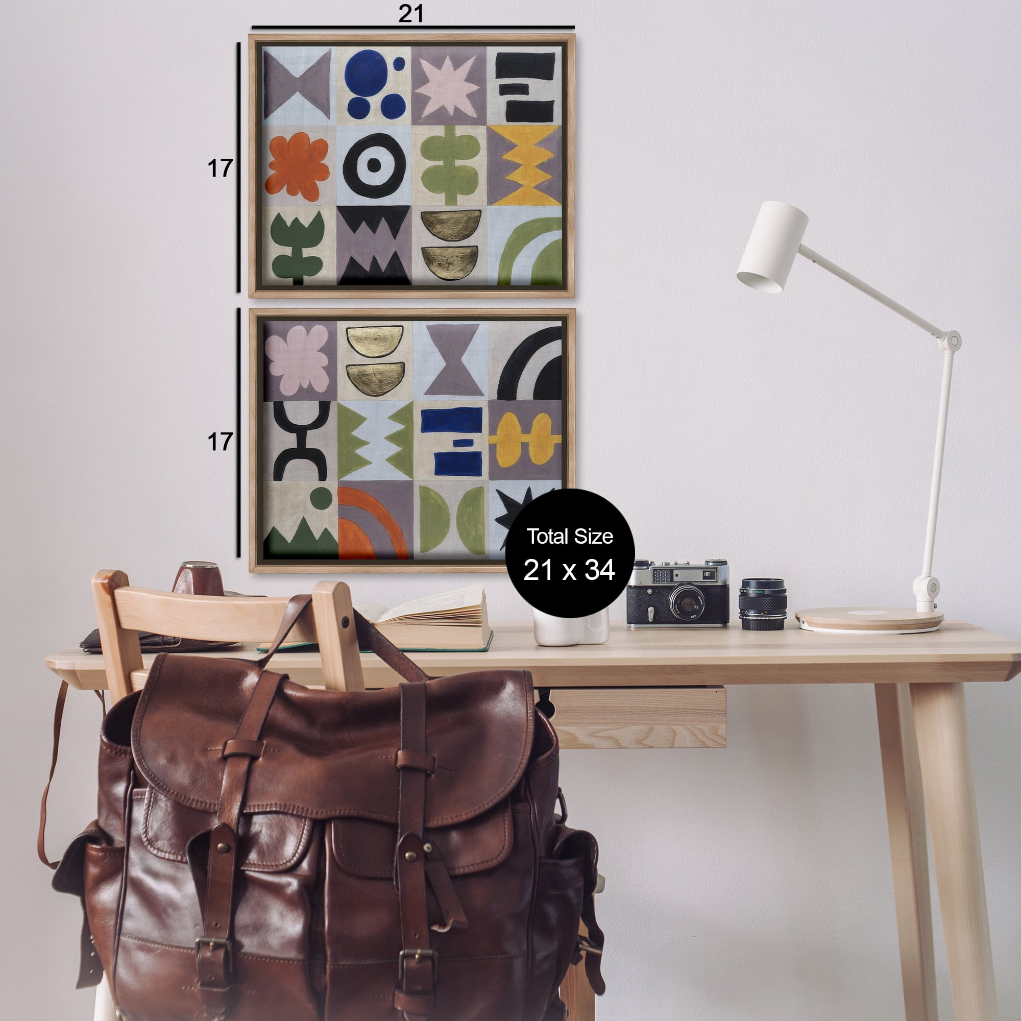 Stupell Industries Bohemian Shapes Squares Abstract Painting Brown Floater Framed Canvas Art Print Wall Art, 21 x 17, Set of 2