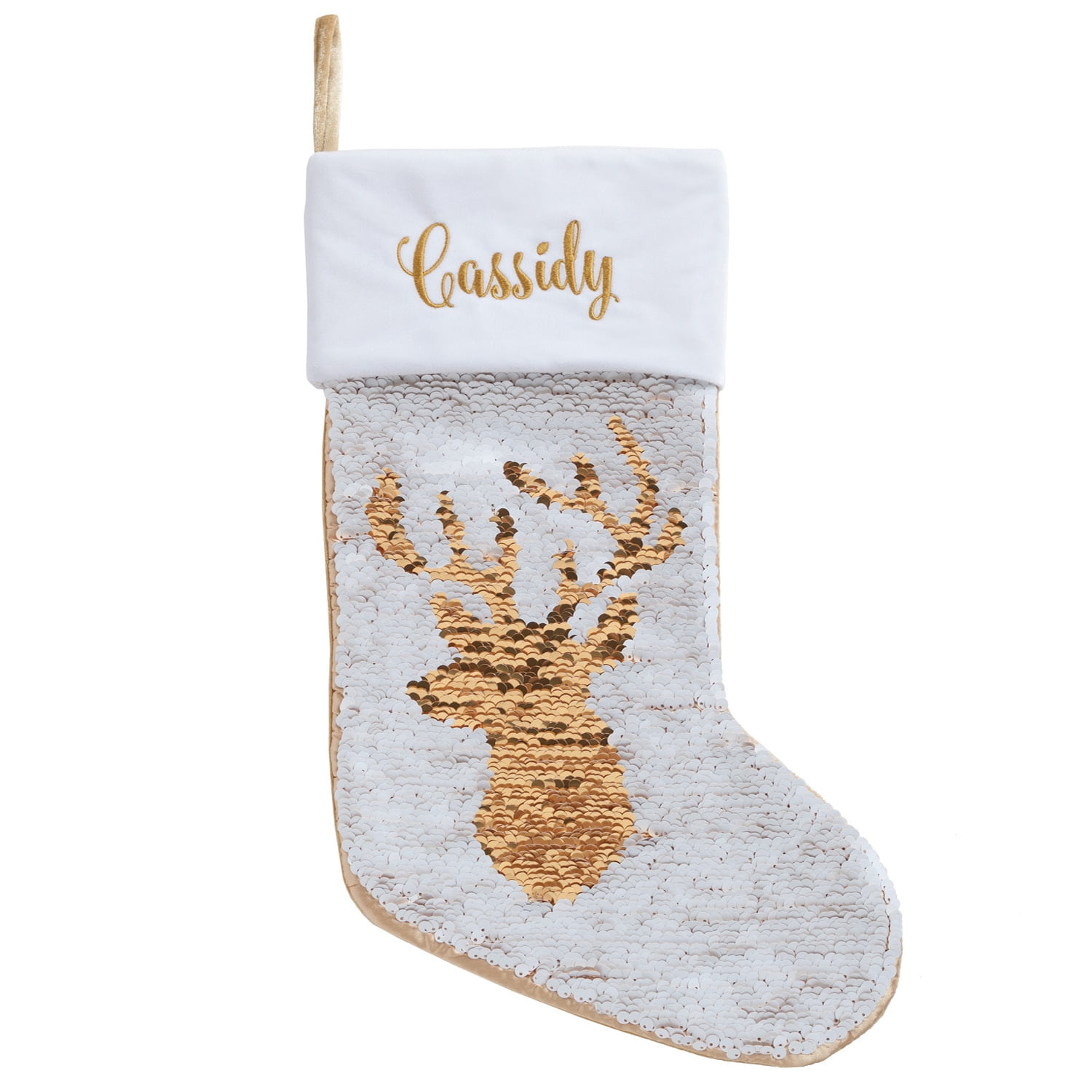 Personalized Deer Gold to White Sequin Stocking