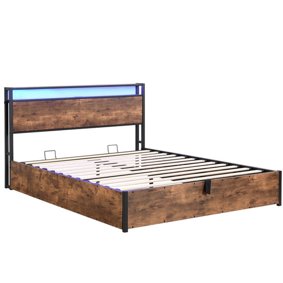 EBQOSK Lift-up Storage Bed Frame, Bed Frame with Bookcase Headboard & LED Lights, Wooden Platform Bed Frame with Charging Station, No Spring Box Needed Brown Full