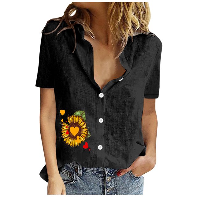 Birdeem Chemise à Manches Courtes Imprimée pour Femmes, Col Rabattu, Boutons, Blouse Ample Unie