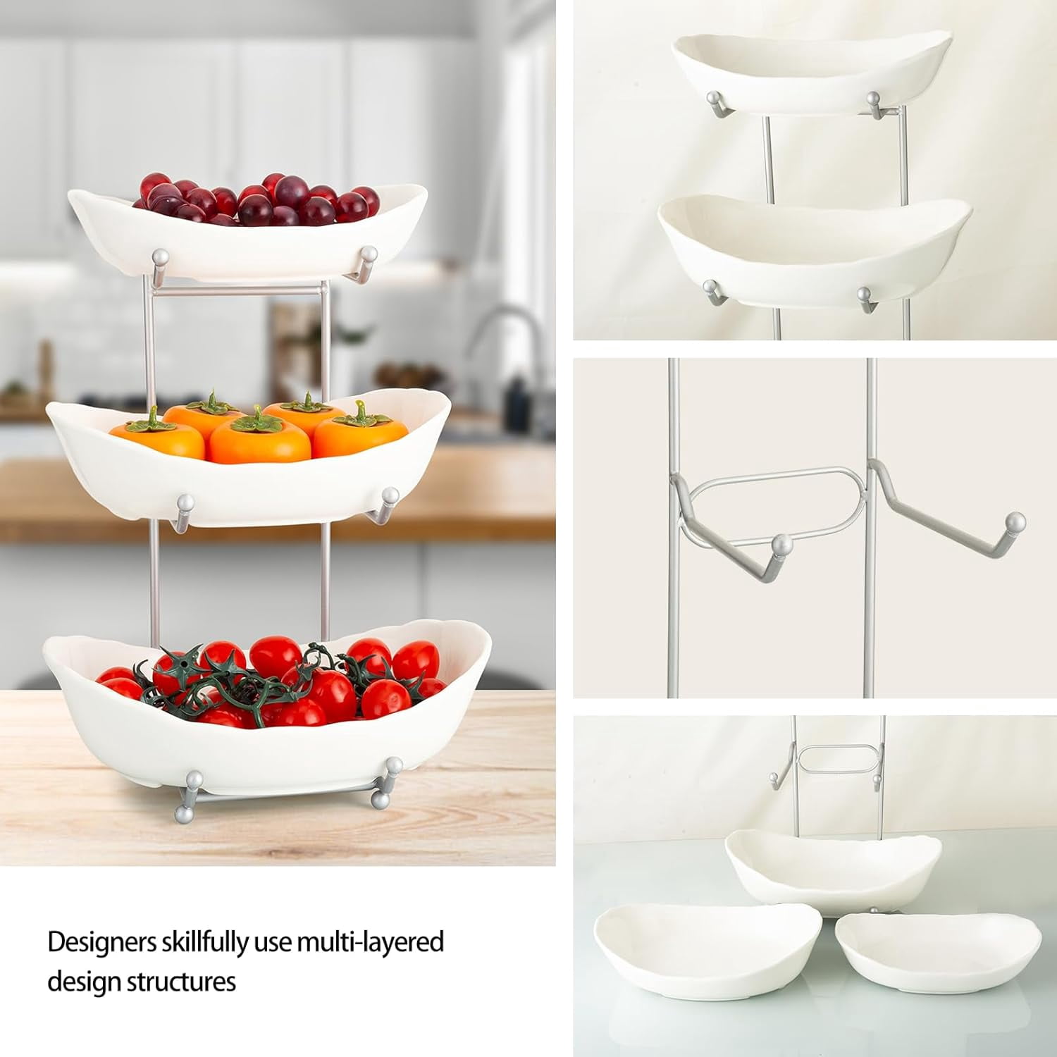 Fruit Bowl for Kitchen Counter, 3 Tier Ceramic Fruit Bowl, Tiered Fruit Basket for Countertop, Modern Multi Layer Fruit Display Stand for Party