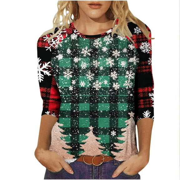 Fashion Fall Saving LiMoi Women's 3/4 Sleeve Round Neck Festive Tree Graphic Print Casual T-Shirt Tees Tshirts Tops for Christmas Holiday Season My Items