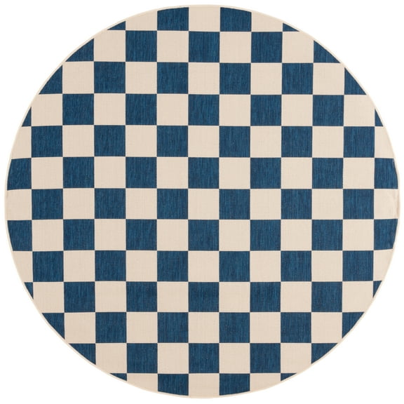 SAFAVIEH Courtyard Talbot Checkered Indoor/Outdoor Area Rug, Navy/Beige, 6'7" x 6'7" Round