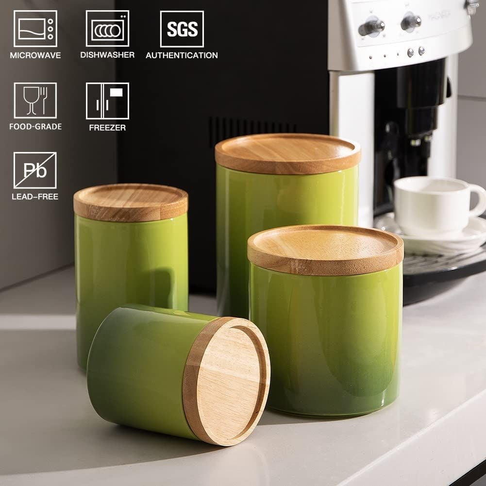 SWEEJAR Ceramic Food Storage Jar, Stackable Kitchen Canisters, Containers with Airtight Seal Wooden Lid - 28 Fl Oz ,Gradient Green