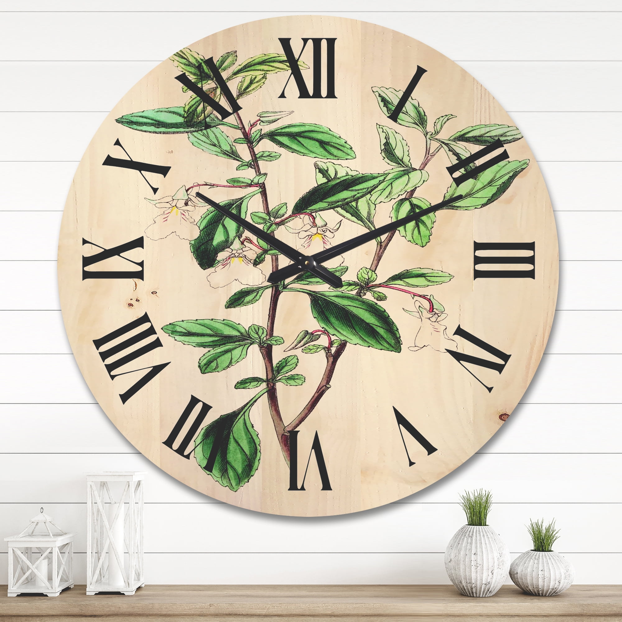 Designart 'Ancient Green Leaves Plants VII' Traditional Wood Wall Clock