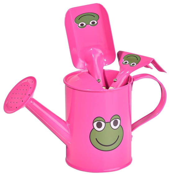 Sungmor Small Watering Can Set Cute Little Gardener Kit | Package Includes 3PC Rose Red Frog Watering Can & Trowel & Rake Gardening Hand Tools | Perfect for Garden,Yard or Beach