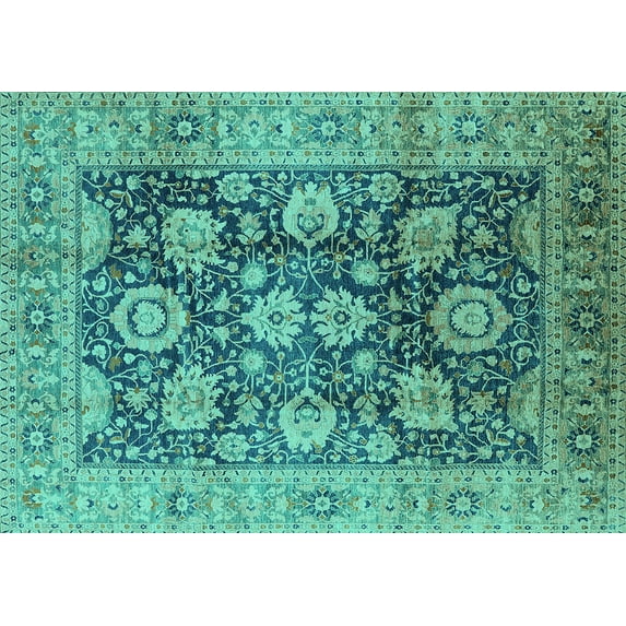 Ahgly Company Machine Washable Indoor Rectangle Oriental Turquoise Blue Industrial Area Rugs, 8' x 10'