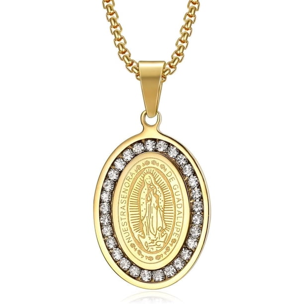 Collar de Medalla Virgen de Guadalupe Acero Inoxidable Baño de Oro, Collares Medalla Virgen María Oración, Regalos para Hombre Mujer, Día de la Asunción de María Regalos