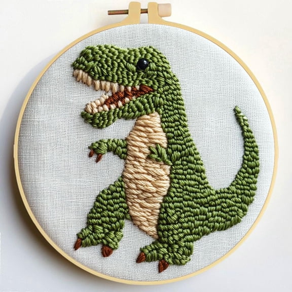 Punch Needle Kits A Green T-Rex Embroidery Starter Set with Hoop Easy for Beginners DIY Stress Relief Handmade Craft Hobby and Home Decor 20x20cm