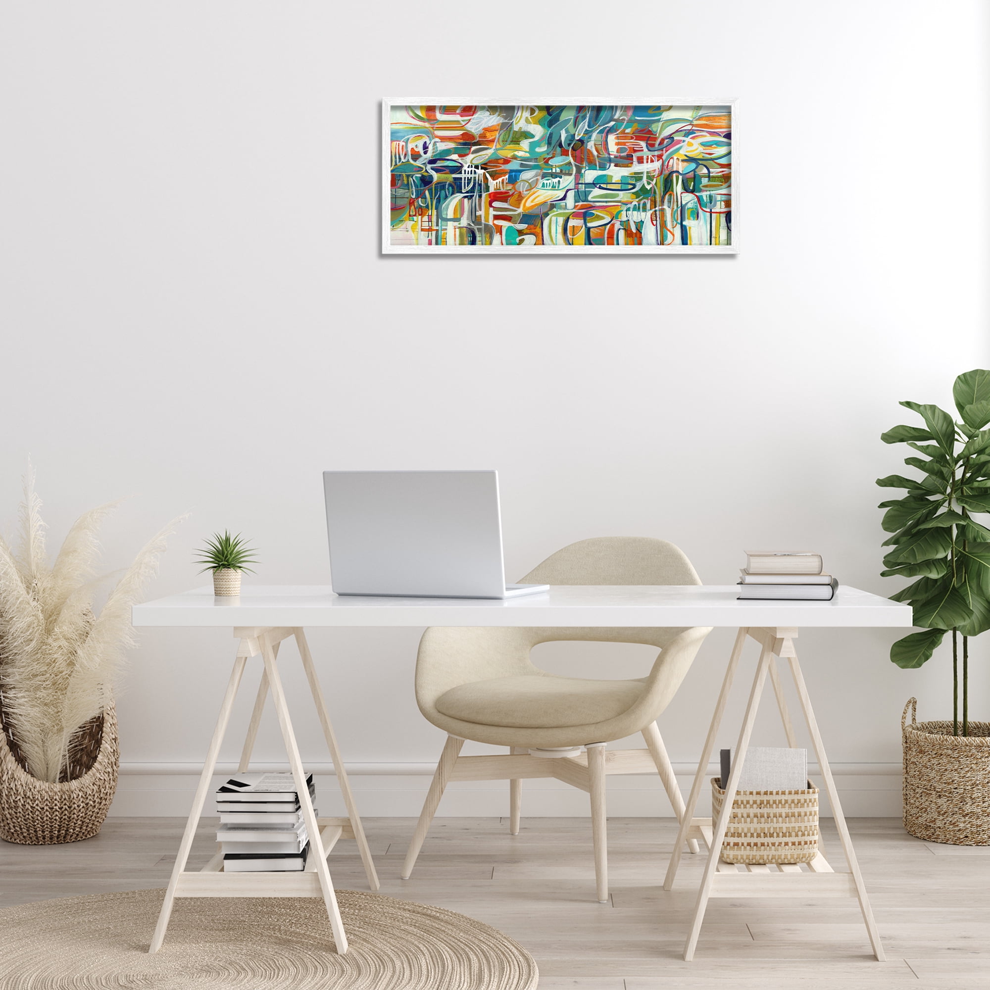 Stupell Industries Chaotic Doodle Shapes Abstract Painting White Framed Art Print Wall Art, 30 x 13
