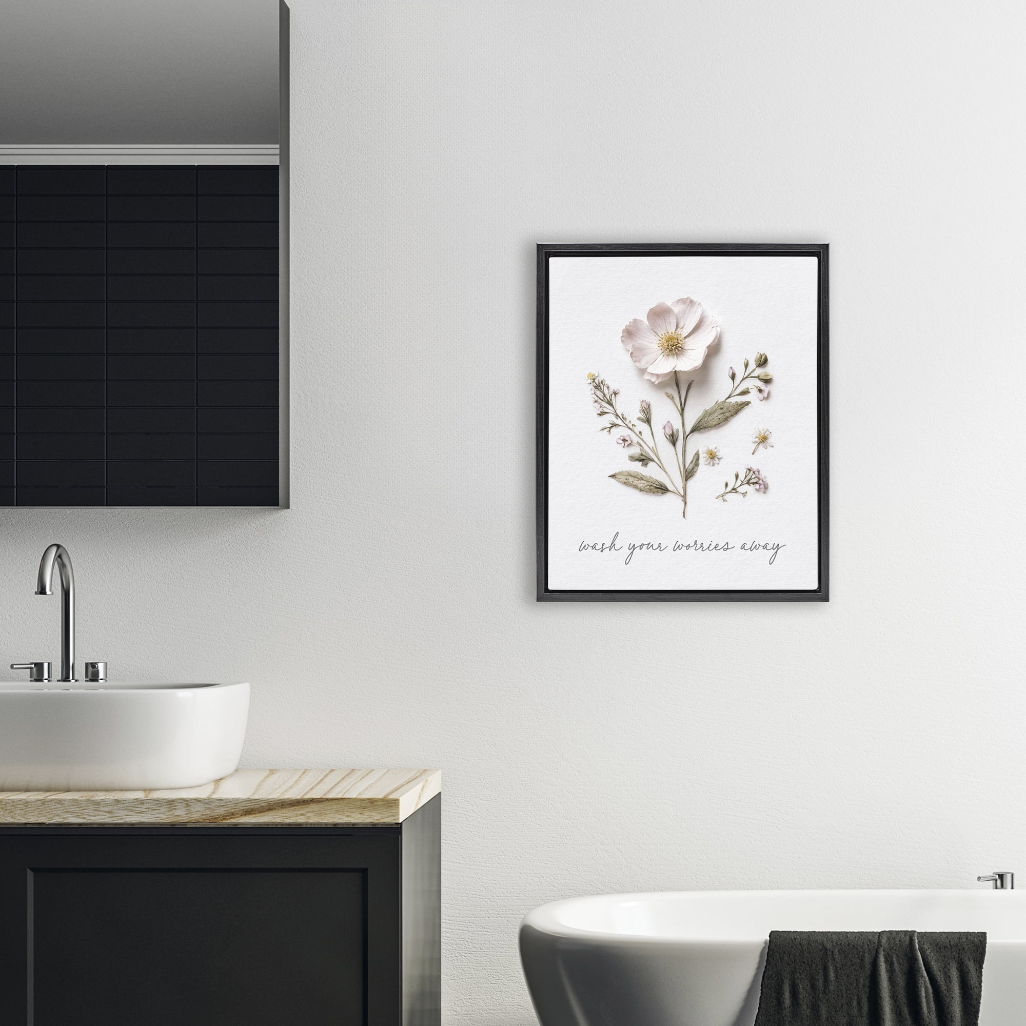 Pressed Flower Wash Worries Away Black Framed Floater Canvas Wall Art, design by Lettered and Lined