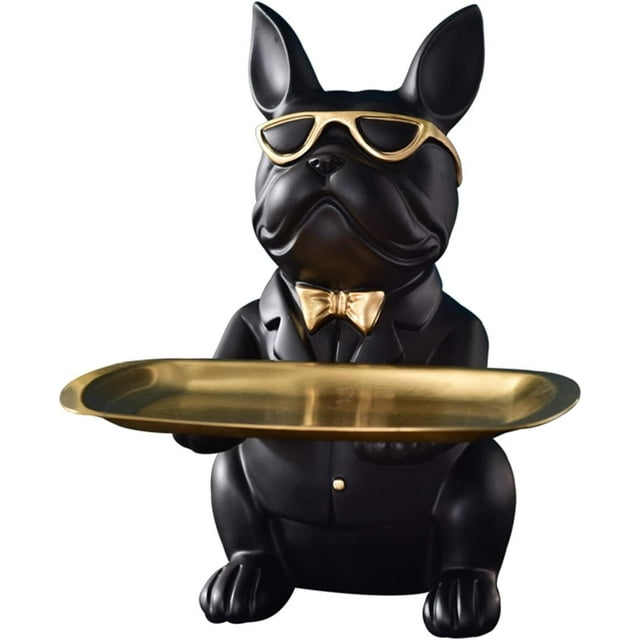 HSHDLDF Statues de Bouledogue Bol de Clés en Résine pour Table d'Entrée, Plateau de Rangement pour Bonbons Bijoux Boîte Décorative, Figurine Moderne de Chien Organisateur pour Portefeuille de Téléphone Pièces Montres, (Couleur : Noir)