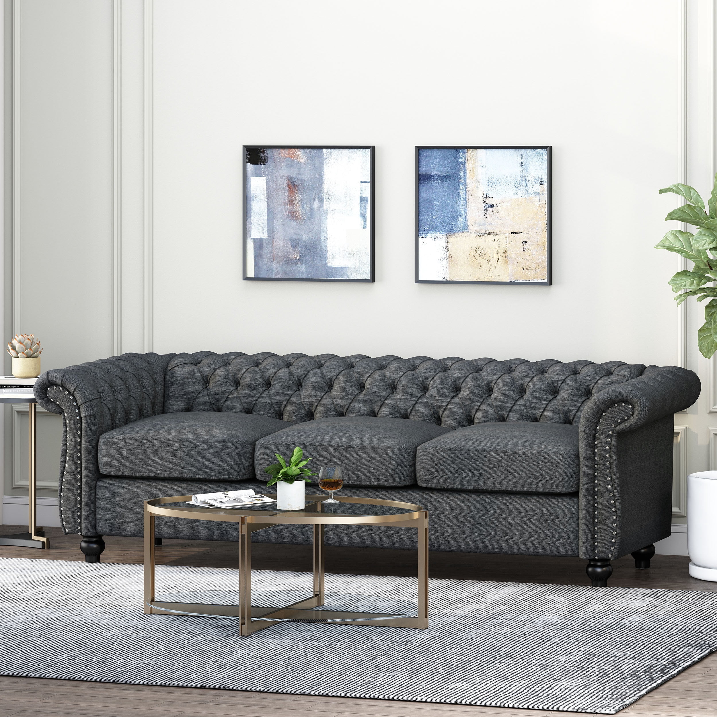 Noble House Augus Fabric Tufted 3 Seater Sofa, Charcoal, Dark Brown