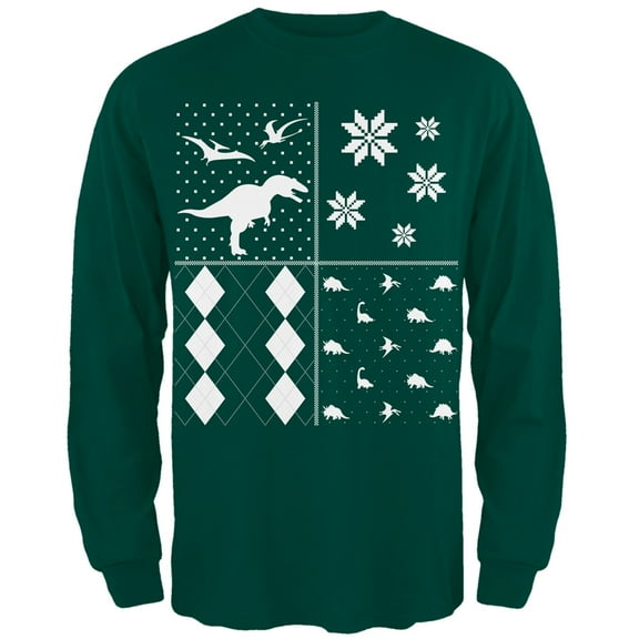 Dinosaurs Festive Blocks Ugly Christmas Sweater Dark Green Adult Long Sleeve T-Shirt