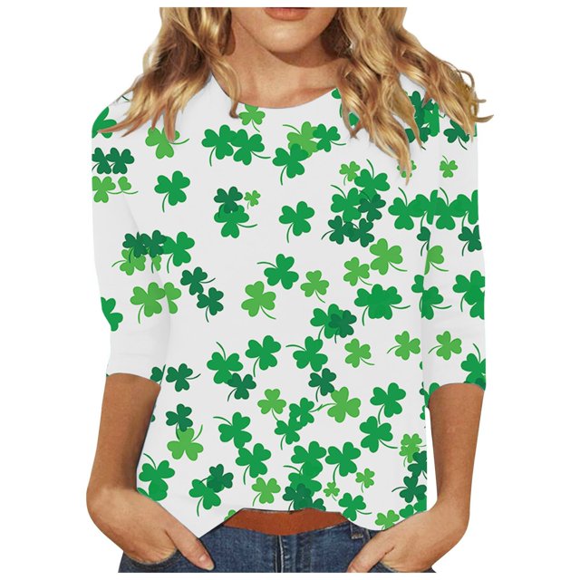Nouveau & Tendance! FUNUONY T-Shirt de la Saint-Patrick pour Femmes, Col Rond, Imprimé Floral Décontracté, Manches Trois-Quarts, Vert Menthe TG