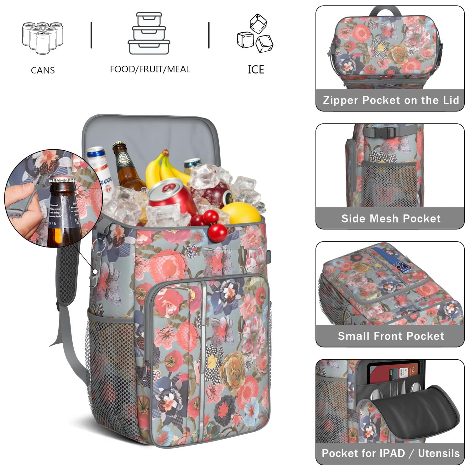 Travel Cooler Bag - Pioneer Flower Floral Print Pattern Camping Beer Cooler Backpack with Bottle Opener- Waterproof Insulated Picnic Backpacks - Cooler Bag for Beach
