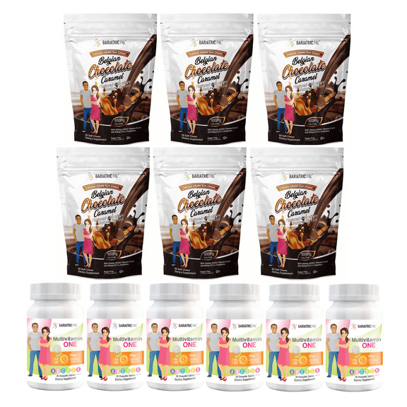 Gastric Sleeve Complete Vitamin Pack - Size: 6-Month Supply, BariatricPal Multivitamin ONE: Orange Citrus Chewable with 45mg Iron, BariatricPal Calcium Citrate Soft Chews: Belgian Chocolate Caramel