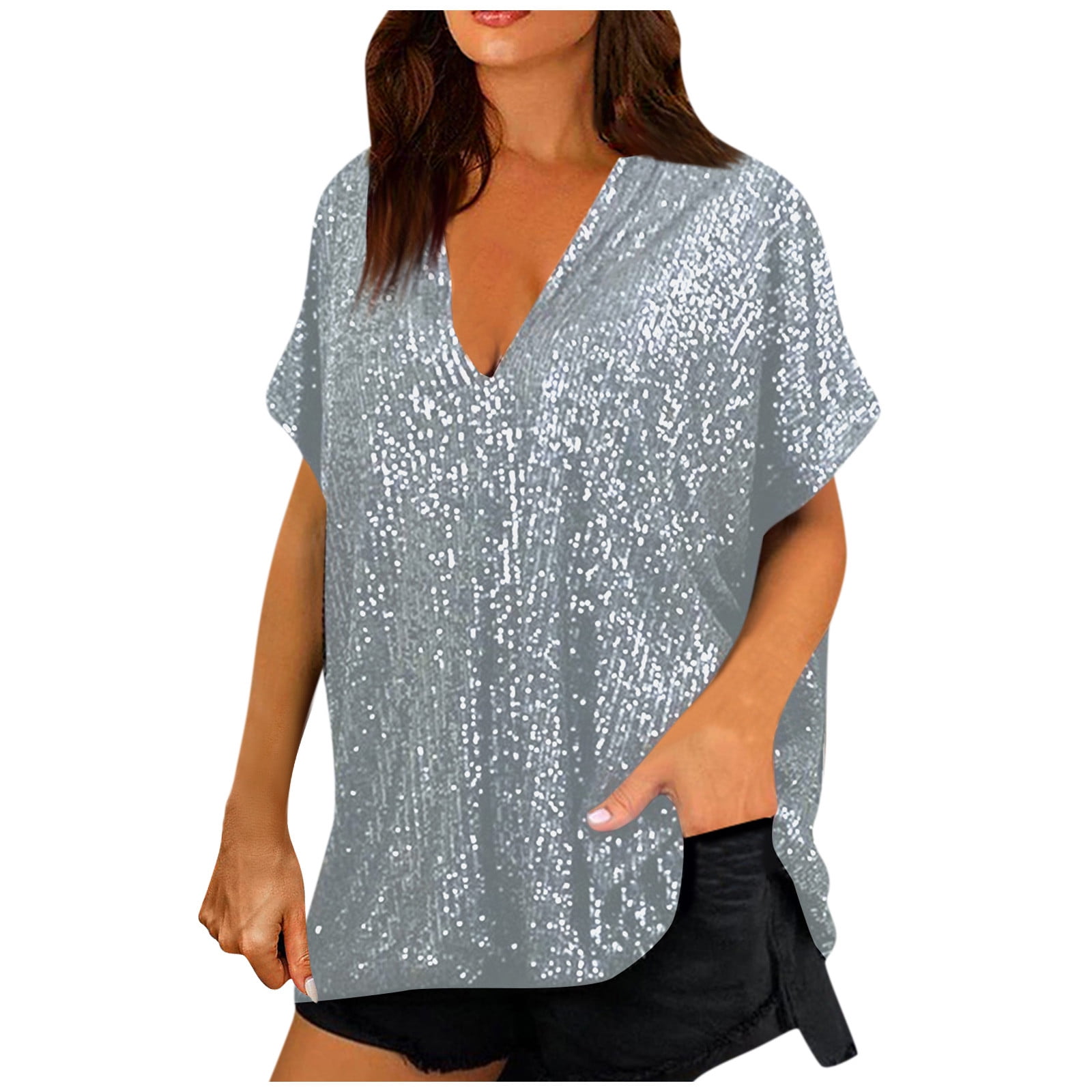 Shiny Silver Sequin Top - Dressy Tops