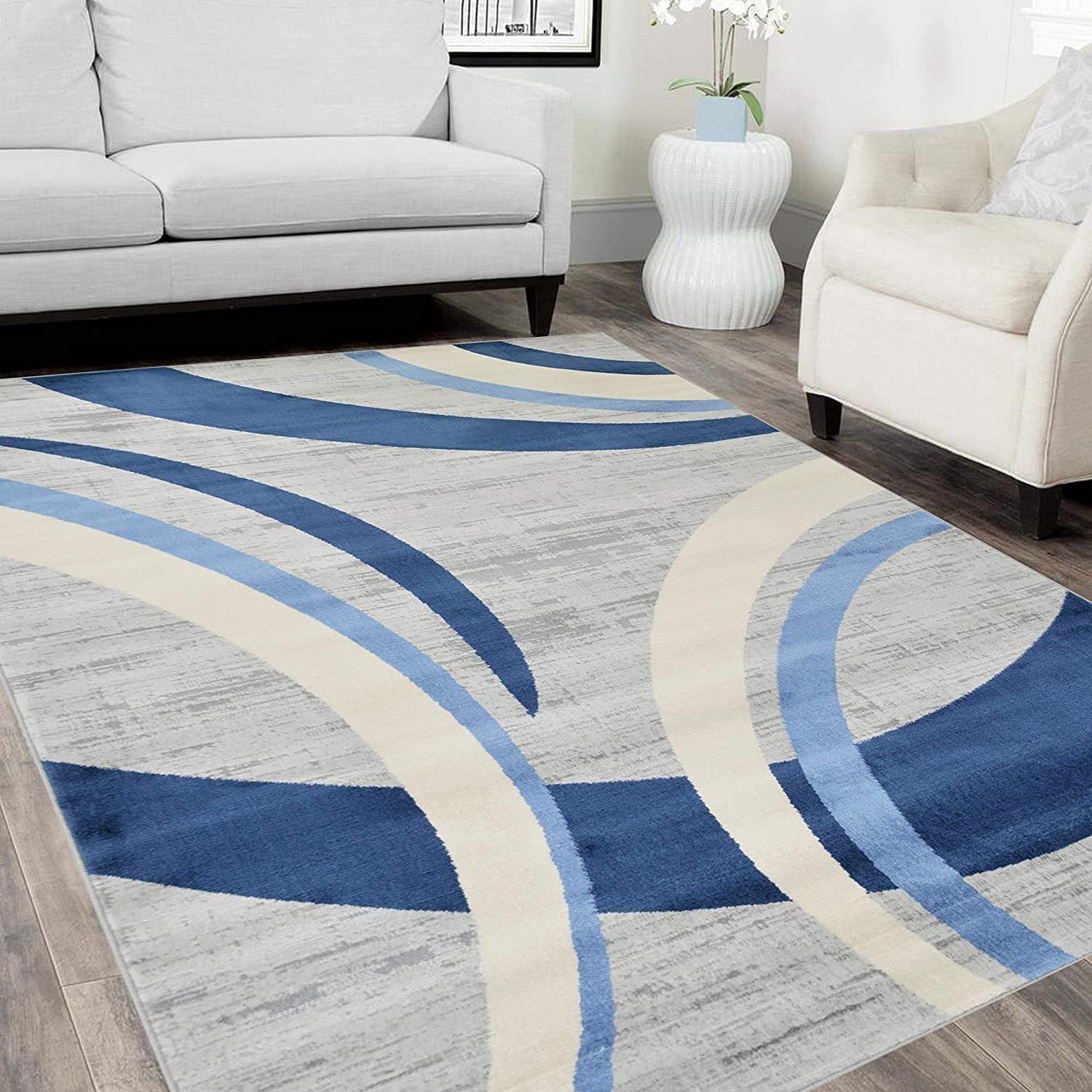 HR Abstract Rugs Luxury Livingroom Carpet Modern Contemporary 8a10 Blue Area Rug Ultra-Soft, Shed Free Stain Resistant Swirls Blue/Silver/Gray/White7'74" x 10'