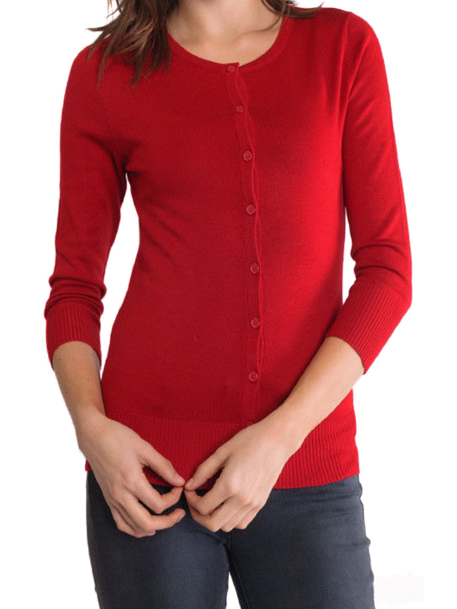 red fitted cardigan