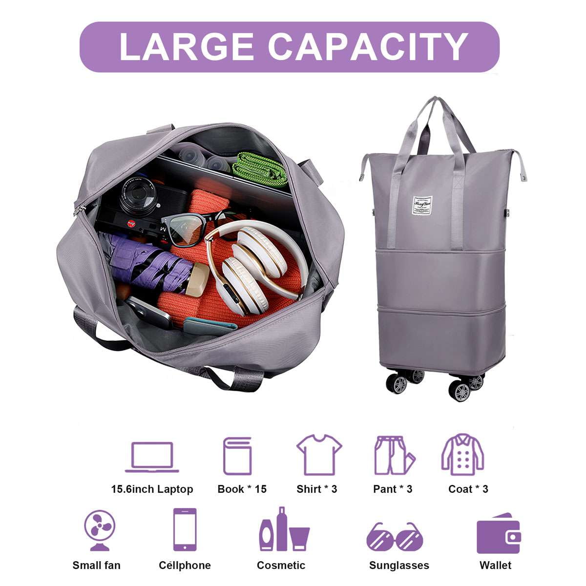 Deago Large Capacity Travel Rolling Duffel Bag Expandable Foldable Carry On Luggage with Wheels Waterproof Large Weekend Bag for Men Women (Blue)