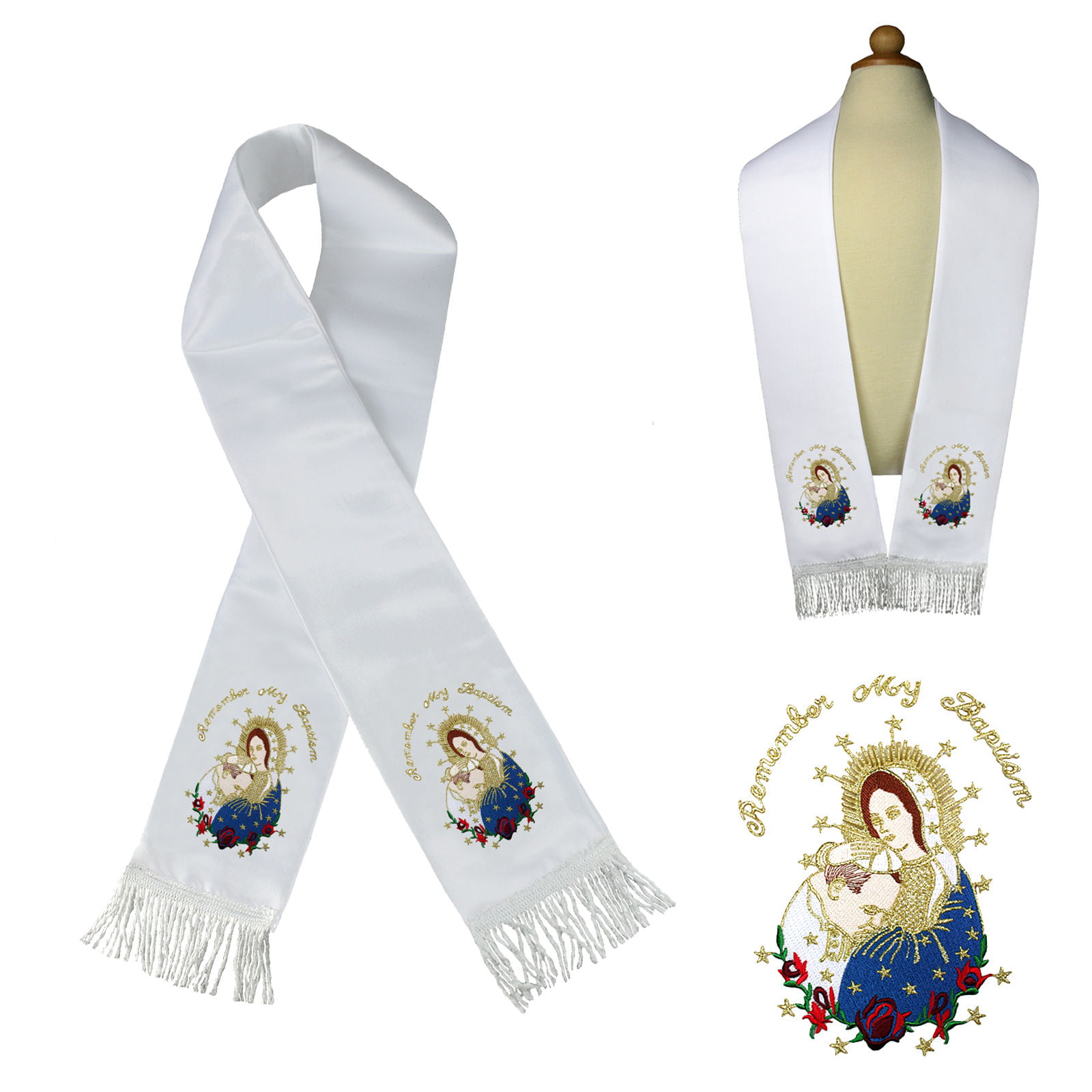 Metallic Embroidered Christening Baptism Stole Scarf Sash Virgin Mary Pope Maria
