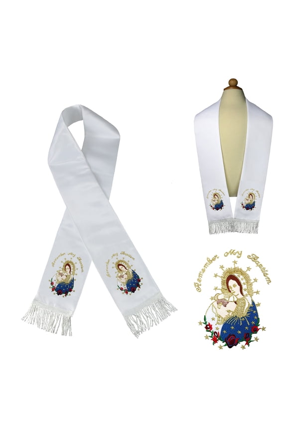 White Satin Stole Communion Baptism Christening Embroidered Virgin Mary & Pope