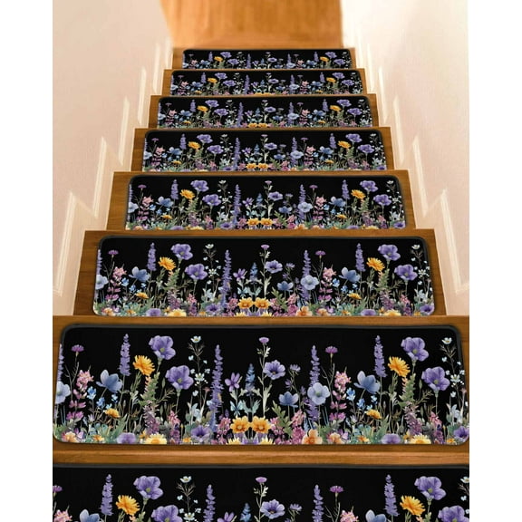 Purple Flower Stair Treads for Wooden Steps Indoor Runner Rug Carpet, Vintage Botanical Faloral Plant Black 4 Pieces Peel and Stick Staircase Step Treads Covers Washable Throw Door Mats, 30"x8"
