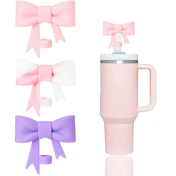 BZUEPRS 3 Pcs Classic Pink Bow Straw Covers Cap Toppers Compatible with Stanley 30&40 oz Tumbler Cups,Reusable Cute Silicone Straw Tips Lids Protectors for 0.4 in/10mm Stanley Cups Straw Accessories